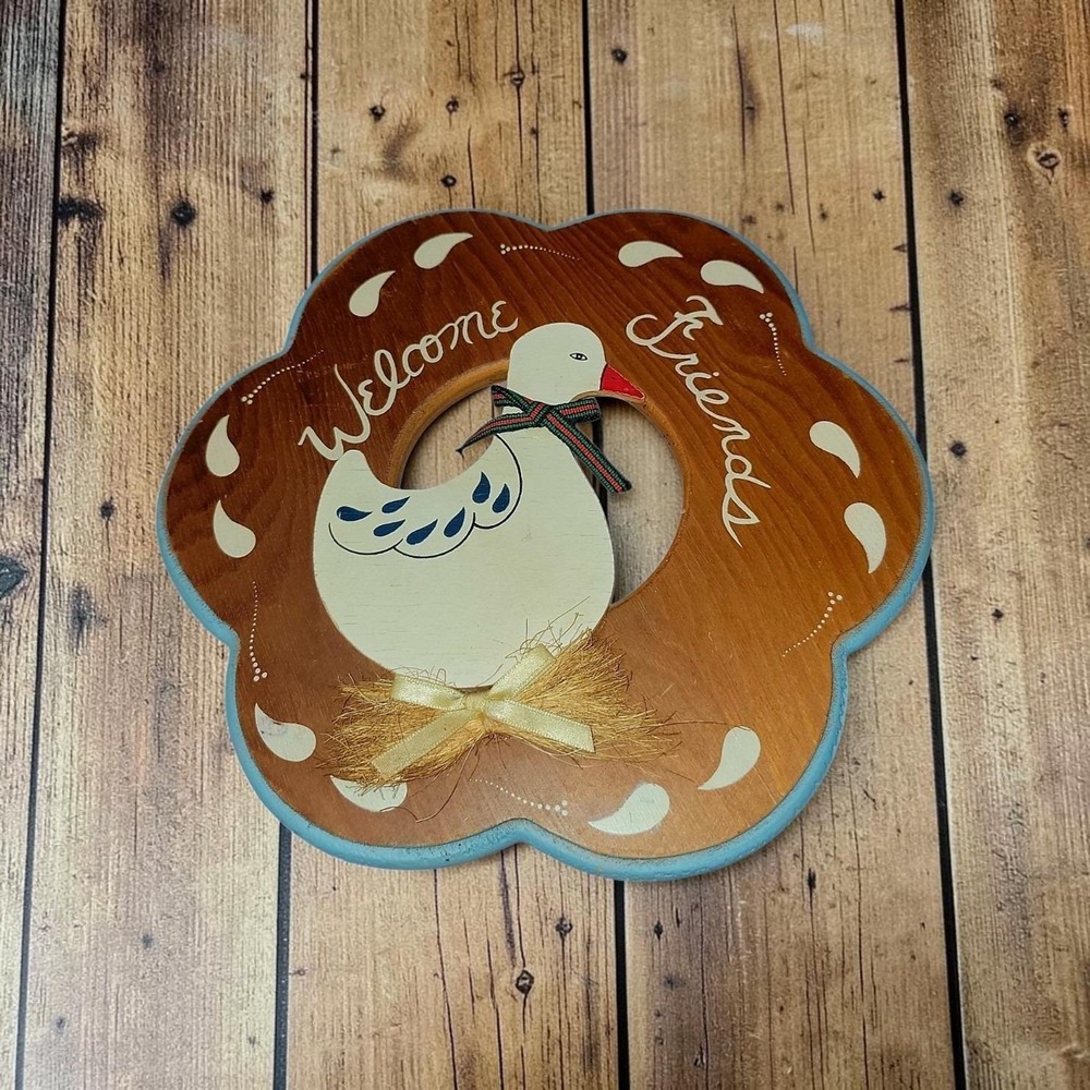 Vintage Wooden Goose Welcome Friends Wall Hanging Country Farmhouse Folk Decor